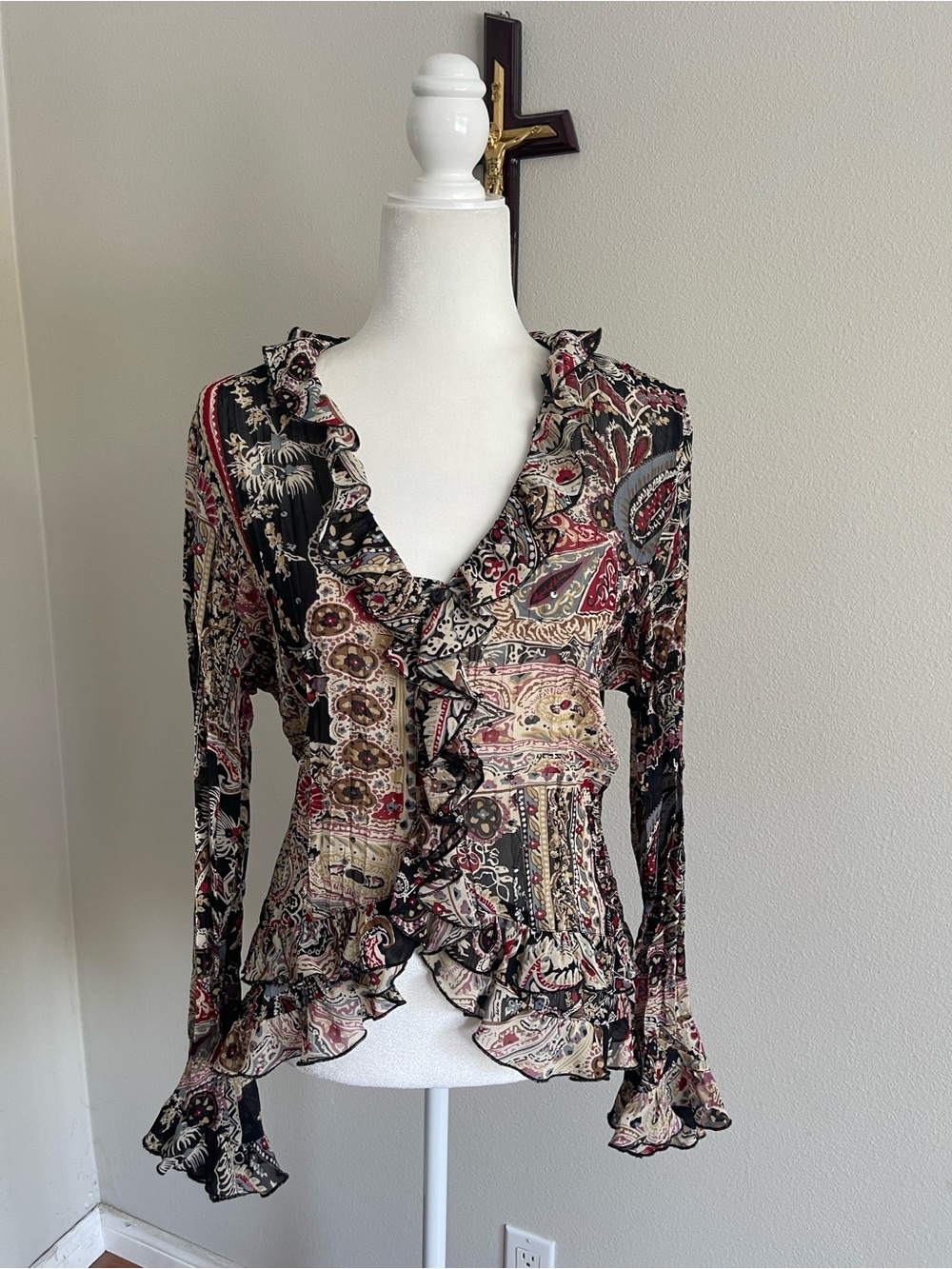 Notations Black Paisley Ruffle Wrap Blouse